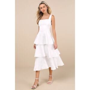 NWT Lulus Elinore White Jacquard Tiered Midi Dress Wedding Cocktail Size M
